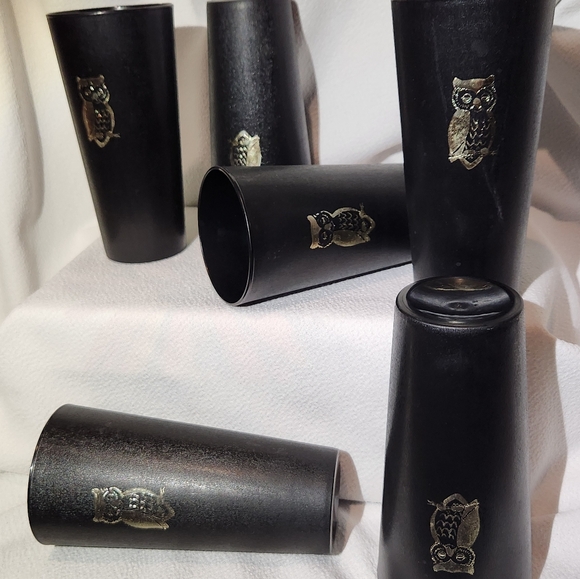 Six MCM Nasco Japan Black 12 Ounce Tumblers With Gold Owl Motif #1072 - Picture 6 of 12